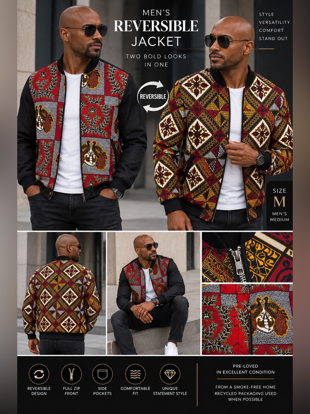 🔥 MEN’S REVERSIBLE BOMBER JACKET – SIZE MEDIUM 🔥